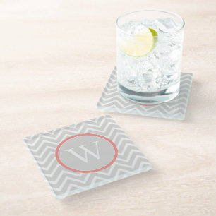 Coral Chevron Monogram Glass Coaster