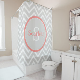 Coral Chevron Monogram Shower Curtain