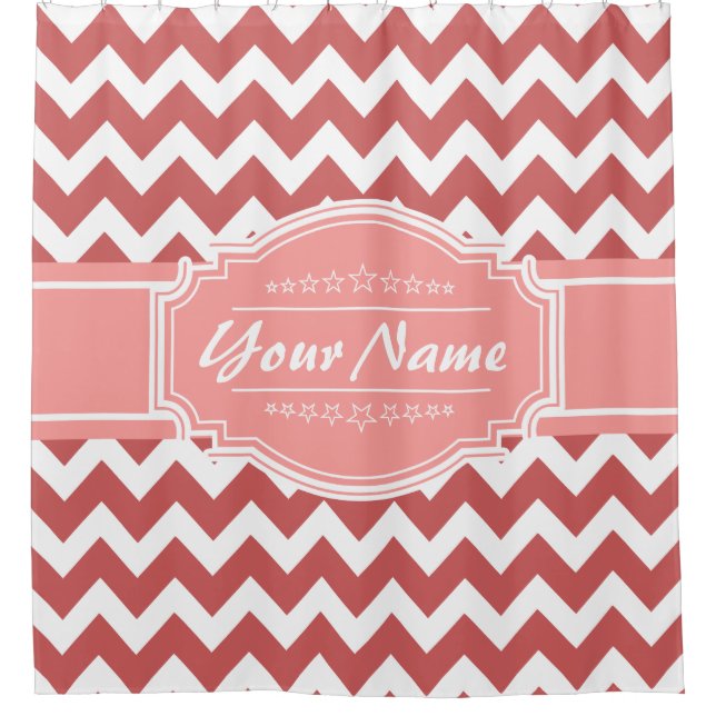 Coral Chevron Personalised Shower Curtain #1 (Front)