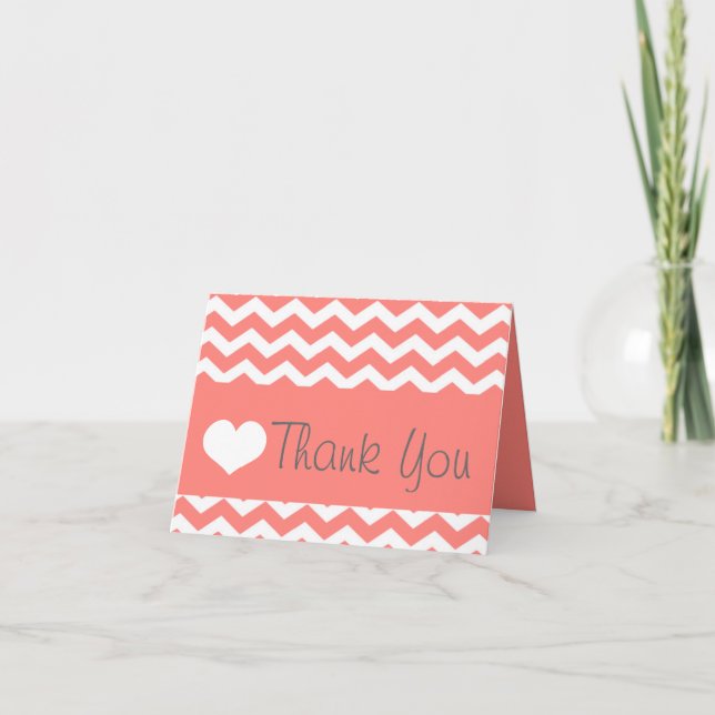 Coral Chevron Thank You Note Card (Front)