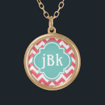 Coral Chevron with Turquoise Centre to Monogram Gold Plated Necklace<br><div class="desc">Here's a pretty, on-trend necklace featuring a monogrammable centre. The chevron stripes are coral and white, the middle medallion is a soft teal, and the lettering is pure white. Change the initials to any text you like, it's so easy to make personalised necklaces for yourself and as gifts for everyone....</div>