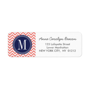 Coral Chevron Zigzag Personalised Monogram Return Address Label