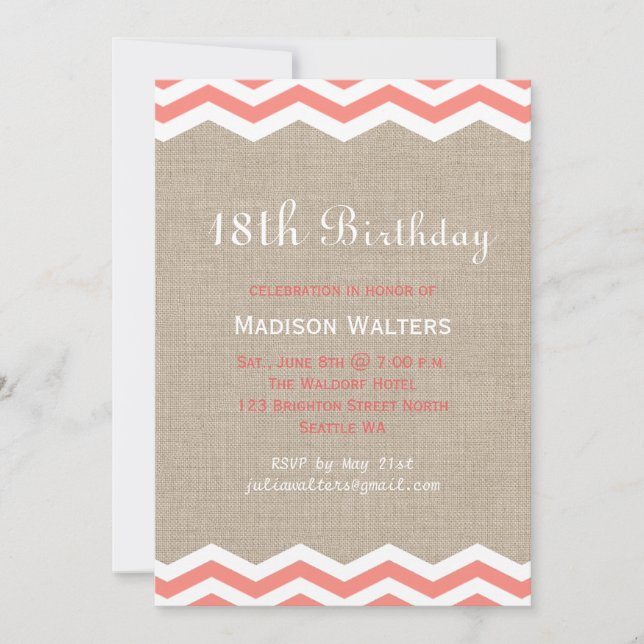 Coral Chevrons on Burlap Birthday Invitation (Front)