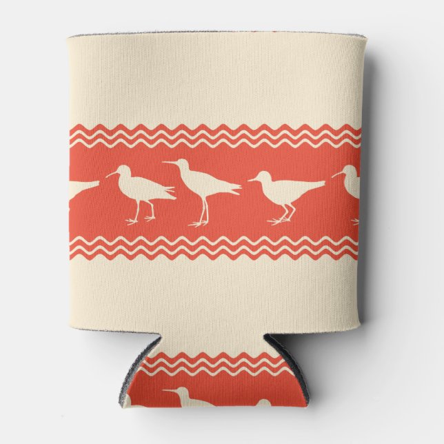 Coral Coastal Sandpiper Bird Stripes Can Cooler (Front)