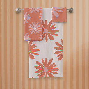 Coral Color BOHO Floral Pattern Retro Bath Towel Set