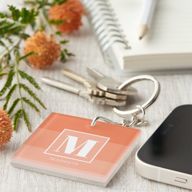 Coral Colour Blocks Custom Monogram Name  Key Ring (Front Right)