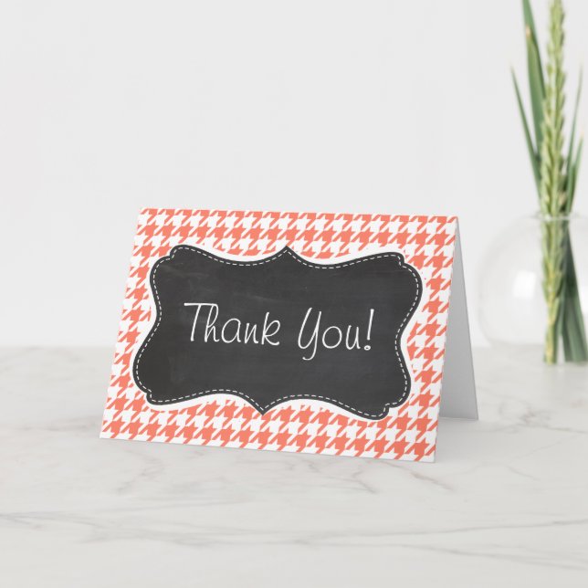 Coral Colour Houndstooth; Chalkboard look Thank You Card (Front)