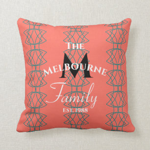 Coral Colour Teal Swirls Two Sided Family Monogram Cushion