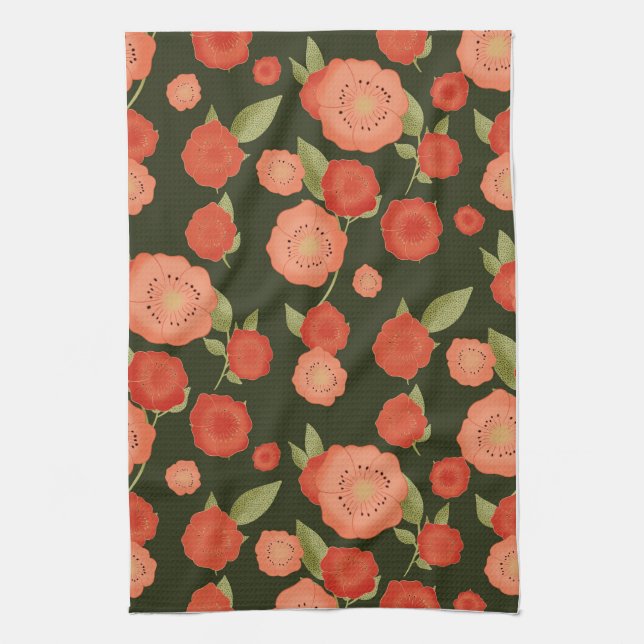 Coral coloured flower tea towel (Vertical)