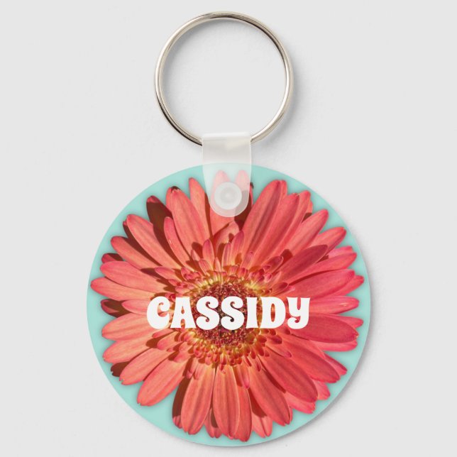 Coral Coloured Gerbera Daisy Photo Mint Green Key Ring (Front)