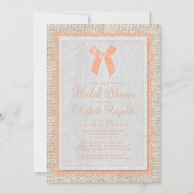 Coral Country Burlap Bridal Shower Invitations (Front)