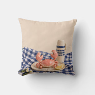 Coral Crab Blue Gingham Summer Picnic Cushion