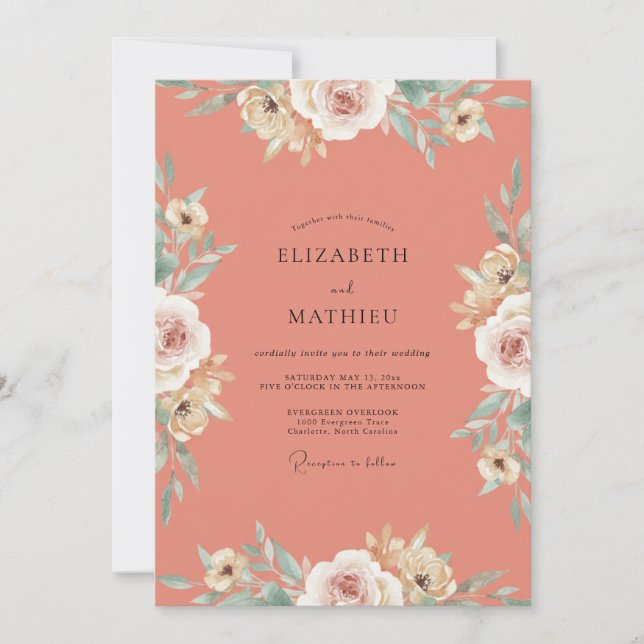 Coral Cream Rose Wedding Invitation (Front)
