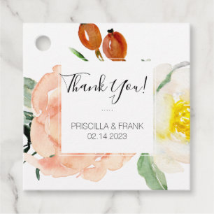 Coral Cream Watercolor Flowers Wedding Thank You Favour Tags
