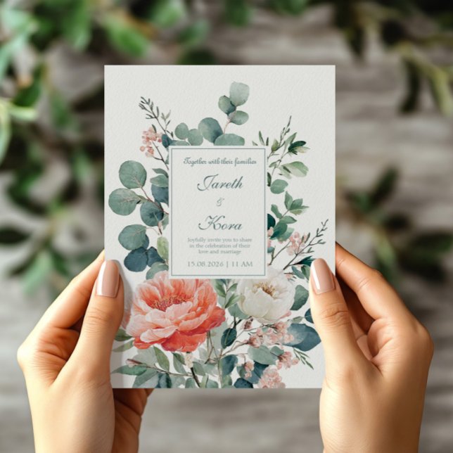 Coral Crush Peony and Eucalyptus Wedding Invitation (Creator Uploaded)