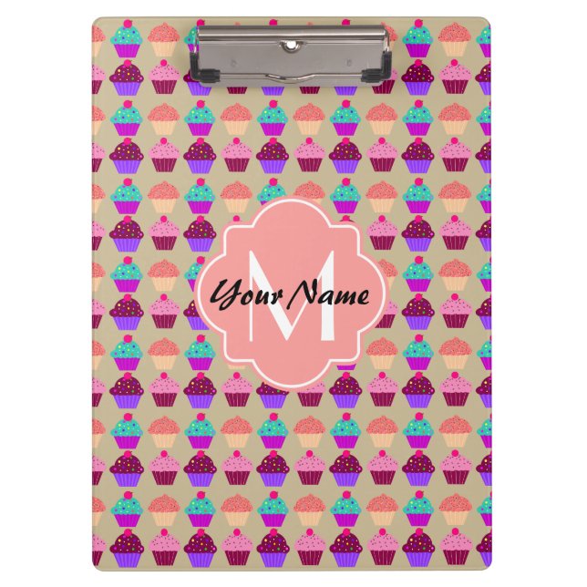 Coral Cupcake Personalised Name, Custom Monogram Clipboard (Front)
