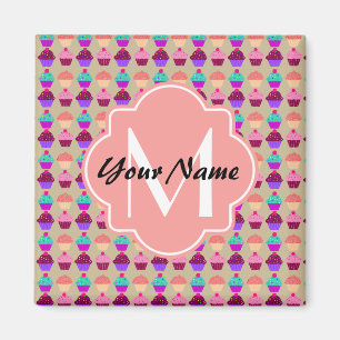 Coral Cupcake Personalised Name, Custom Monogram Magnet