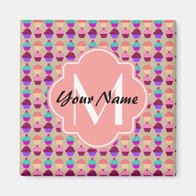 Coral Cupcake Personalised Name, Custom Monogram Magnet (Front)