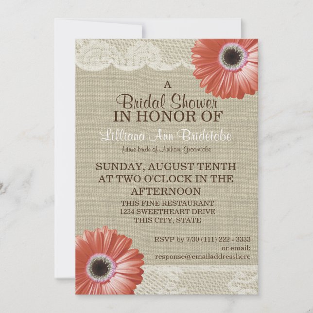 Coral Daisy and Lace Bridal Shower Invitation (Front)
