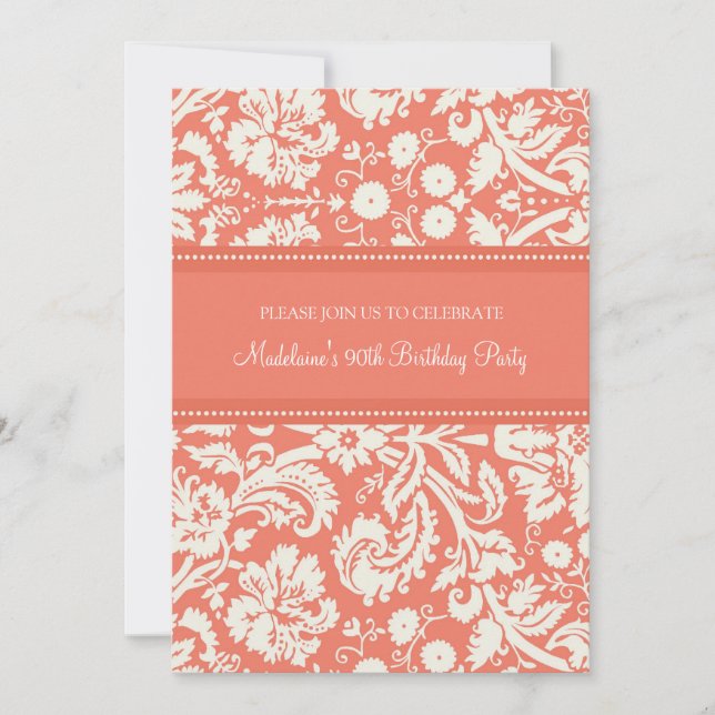 Coral Damask 90th Birthday Party Invitations (Front)