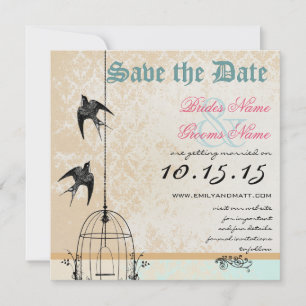 Coral Damask Bird Cage Wedding Save the Date Invitation
