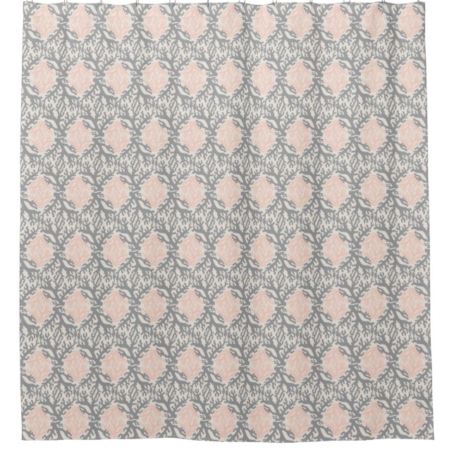 Coral Damask Grey and Peach Shower Curtain (Front)