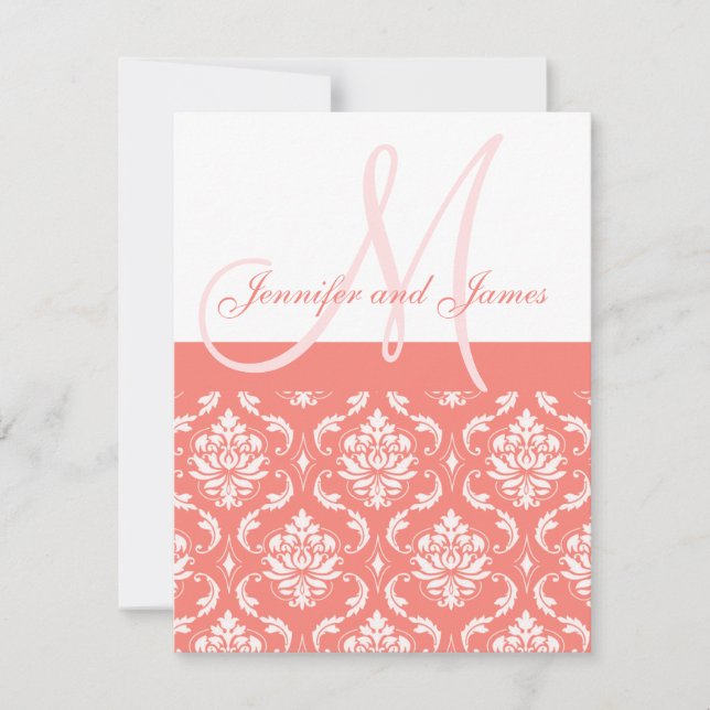 Coral Damask Monogram Names RSVP Reply Cards (Front)