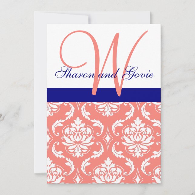 Coral Damask Navy Monogram Wedding Invitation (Front)