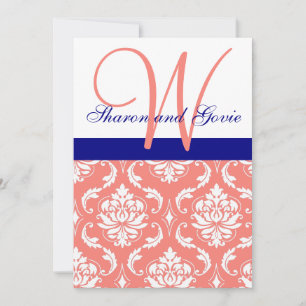 Coral Damask Navy Monogram Wedding Invitation