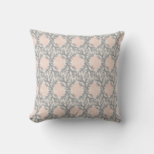 Coral Damask Peach and Grey Throw Pillow