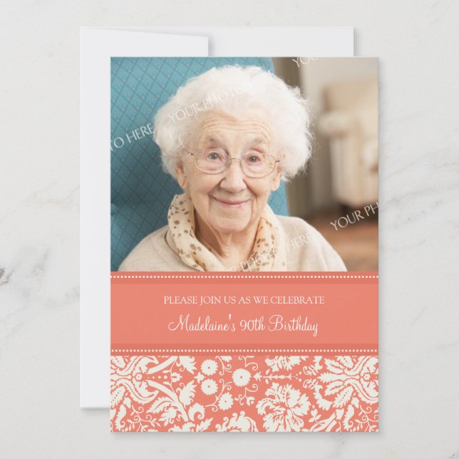 Coral Damask Photo 90th Birthday Party Invitations (Front)