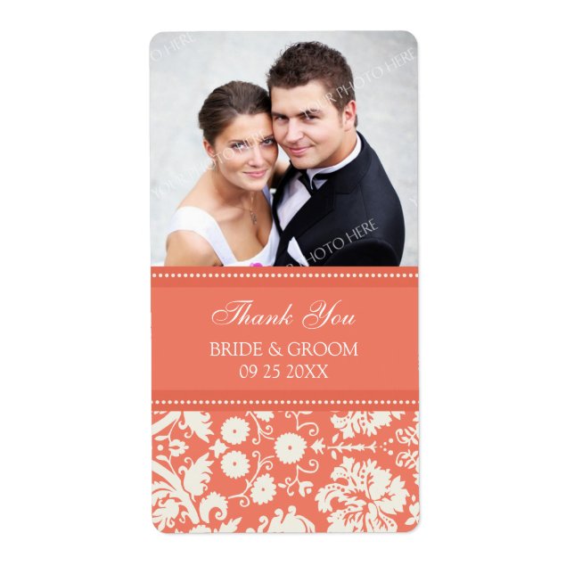 Coral Damask Photo Wedding Labels (Front)