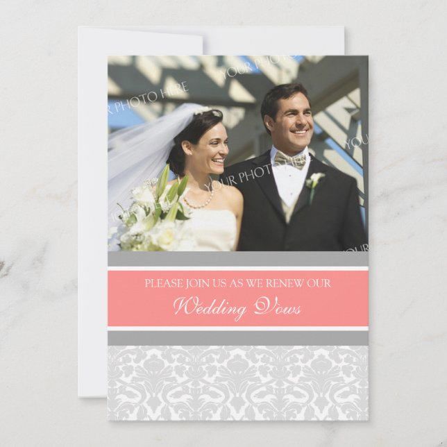 Coral Damask Photo Wedding Vow Renewal Invitations (Front)