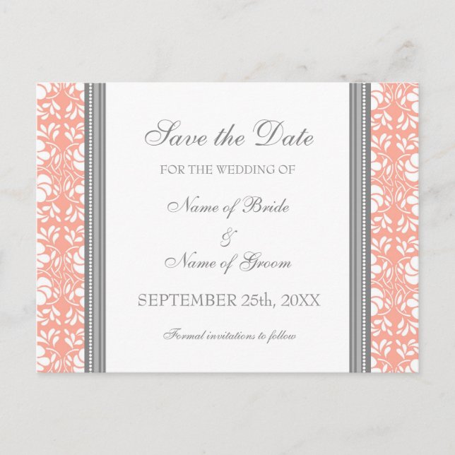 Coral Damask Save the Date Wedding Postcards (Front)