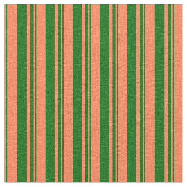 Coral & Dark Green Lines/Stripes Pattern Fabric (Close Up)