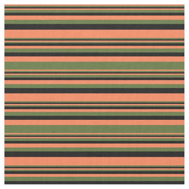 Coral, Dark Olive Green, and Black Stripes Fabric (Close Up)