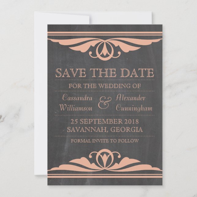 Coral Deco Chalkboard Save the Date Invite (Front)