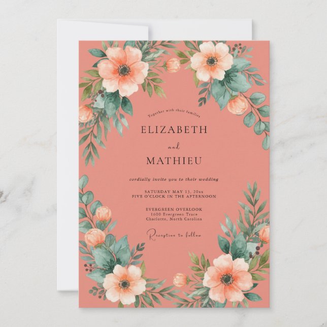 Coral Delicate Bloom Wedding Invitation (Front)
