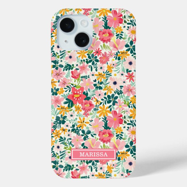 Coral Ditsy Flowers Monogrammed Case-Mate iPhone Case (Back)
