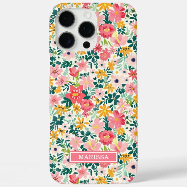 Coral Ditsy Flowers Monogrammed Case-Mate iPhone Case (Back)