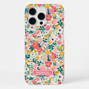 Coral Ditsy Flowers Monogrammed iPhone 16 Pro Max Case