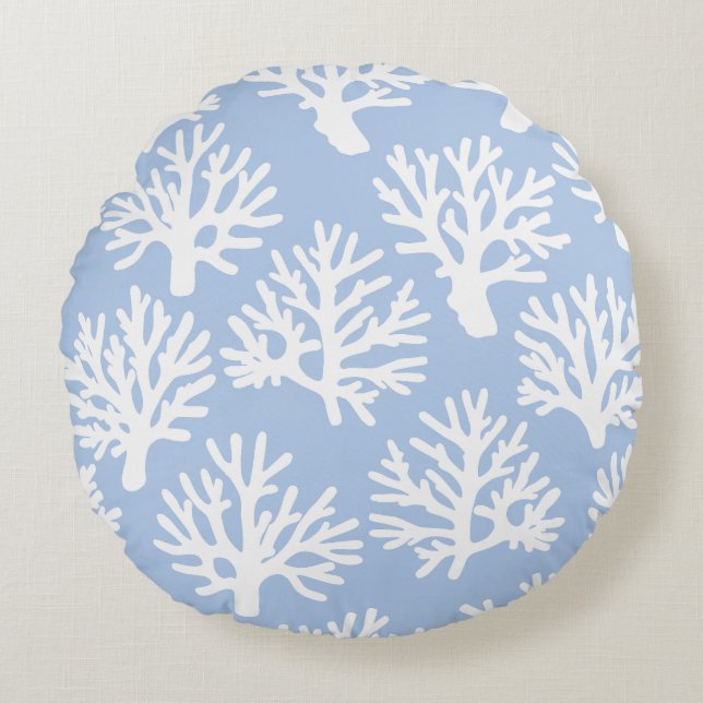 Coral Drift Soft Blue Round Cushion (Front)