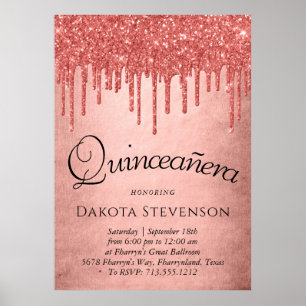 Coral Drip Quinceanera   Shiny Melting Glitter Poster