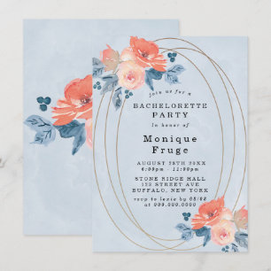 Coral Dusty Blue Gold Bachelorette Party Invites