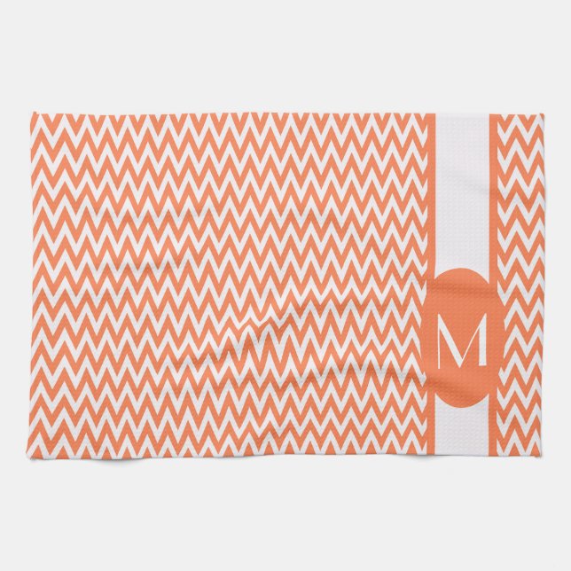 Coral Elegant Chevron Design with monogram Tea Towel (Horizontal)