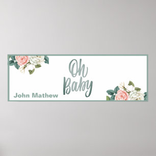 Coral Elegant Floral Baby Shower Party Banner Poster