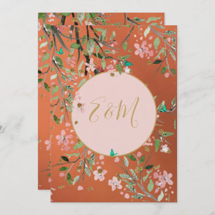 Coral Elegant Pink Floral Gold Chinoiserie Invitation