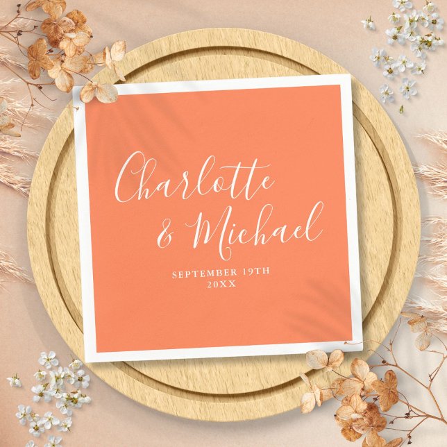 Coral Elegant Signature Script Wedding Napkin (Coral Elegant Signature Script Wedding Napkins)