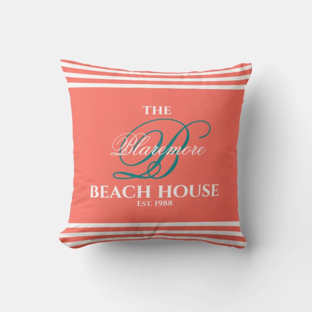 Coral Family Monogram Script Teal Colour Initial Cushion (Front)