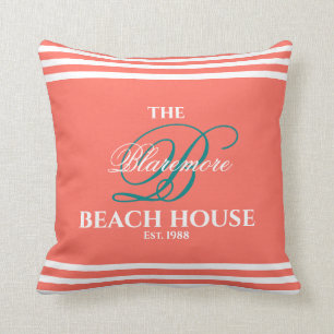 Coral Family Monogram Script Teal Colour Initial Cushion